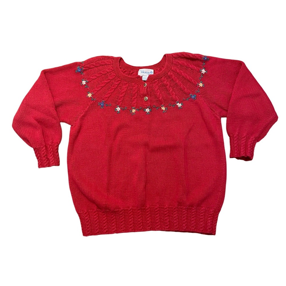 Vintage Deans of Scotland Sweater Red Floral Embroidered Cable Knit‎ XL